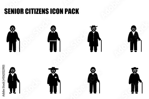 Senior citizens in various clothing and hats, standing upright with walking canes, against a plain white background. Diverse senior demographic + community/social worker icons in everyday setting.