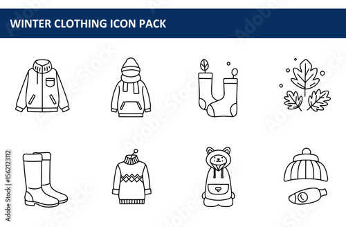 Winter clothing icons showcasing various garments for different purposes and weather conditions. Outline drawings of jackets, sweaters, boots, socks, and hats displayed on a plain white background.