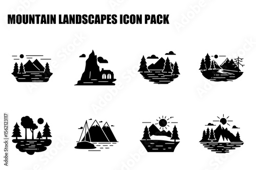 Mountain landscape icons in various settings. Silhouettes of serene nature scenes with mountains, forests, and water features.