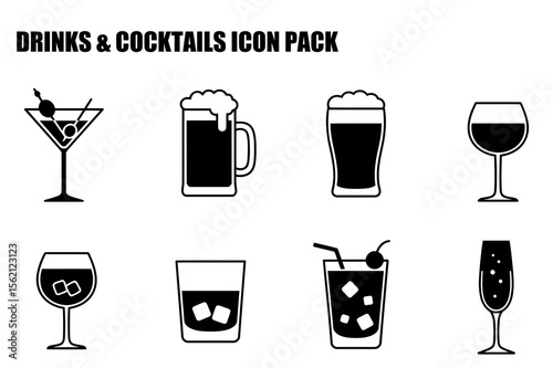 Drinks and Cocktails Icon Set. Various beverage containers in different shapes and sizes.