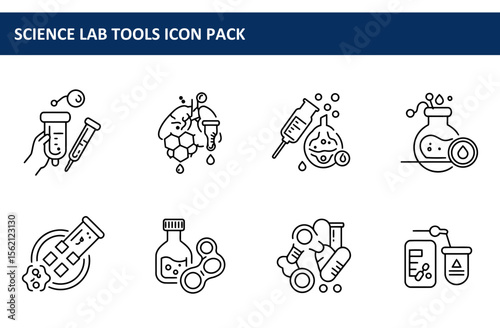Science lab tools icon pack depicting various lab equipment and processes in a simplified, line art style. A collection of scientific instruments displayed against a plain white background.