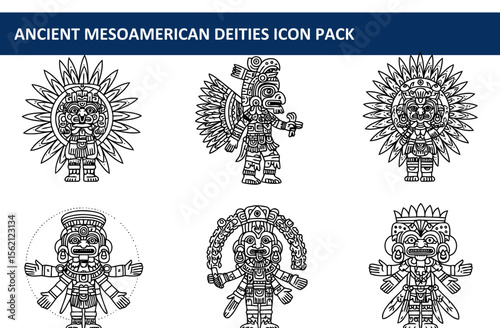 Ancient Mesoamerican deities icon pack featuring stylized figures in various poses.