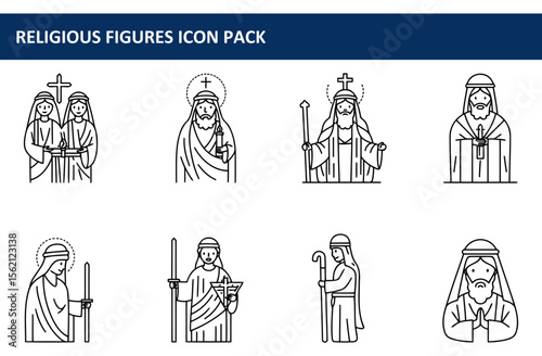 Religious figures in traditional clothing, standing in various poses against a plain background. Collection of figures for religious icon pack.