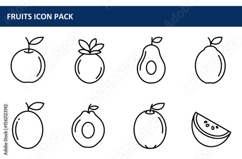 Fruit icons in a simple line art style. Collection of various fruits displayed in a graphic design format.