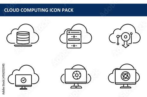 Cloud computing icons depicting data storage, access, security, and data transfer. Simple line art icons with a cloud-based theme.