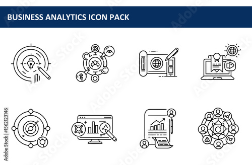 Business analytics icon pack with various demographic details in a professional setting.