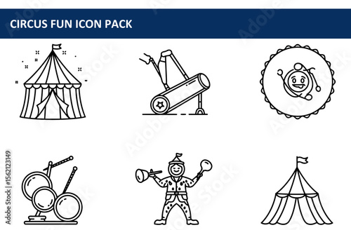 Circus fun icon pack with various circus elements in a flat line art style. Various circus performers and equipment displayed against a white background.