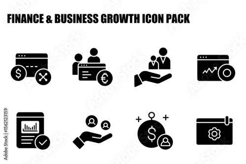 Business finance growth icons for web or print. Set of black and white business icons illustrating finance, growth and business concepts.