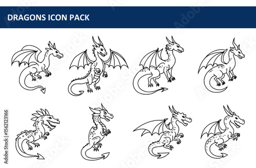 Six stylized dragon illustrations in various poses, displayed against a plain white background.