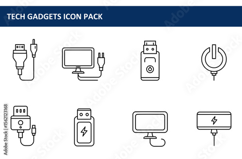 Technical device icons in a simple, linear design. Collection of various tech accessories in a white background.