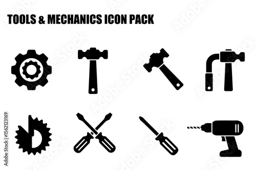 Black and white illustrations of various tools, including hammers, screwdrivers, drills and gears. Simple, outline style icons depicting tools for general use in a workshop or home repair setting.
