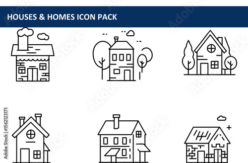 Line drawings of various houses in a residential setting. Simple, stylized representations of homes and trees.
