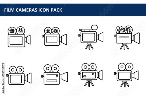 Film camera icons in a set, showing different styles of vintage cameras on tripods. Simple line art of cameras with reels.