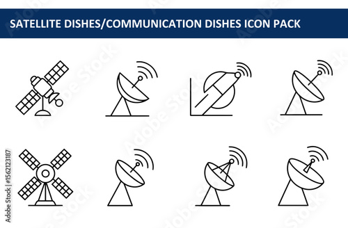 Satellite dishes and communication devices various types in simple line art style. Technical diagrams of communication systems for use in a guide or informational booklet.