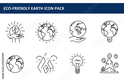 Eco-friendly earth icons showcasing sustainability initiatives in various forms. Hand holding the earth, with a growing plant, a globe, and a lightbulb, in a simple, clean aesthetic.