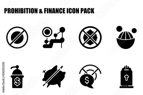 Prohibition and finance icons set depicting various financial and regulatory concepts in a flat design. Set of prohibition, finance, and regulations.