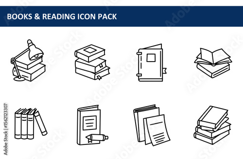 Black and white line art icons of books, stacks of books, and a desk lamp, showing various book-related items. Simple, educational images for a books and reading icon pack.