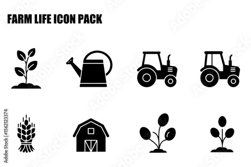 Farm life icons in black and white silhouette style. Simple illustrations of various farm tools and objects.