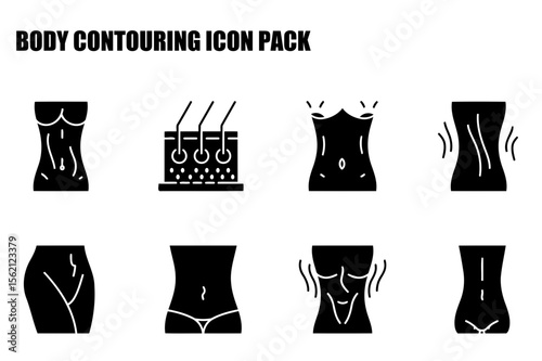 Body contouring icon pack depicting various stages and procedures. Illustrations of female figures in different body shapes and conditions, presented in a neutral background.