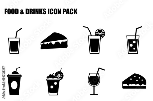 Food and drinks icon set for restaurant/cafe use. Simple black icons of food and drink items on a white background.