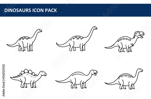 Dinosaur icon pack. black and white line drawings of various dinosaurs in a simple style.