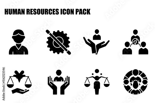 Human Resources icon set with diverse representations of employees and professional settings.