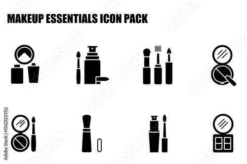 Makeup essentials icons for cosmetics, makeup artist, or beauty blog use. Simple black and white icons for makeup application products in a studio setting.