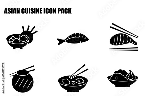 Asian cuisine icons showing various dishes and utensils. Simple black and white icons depicting a variety of Asian food items for use in a food icon pack.