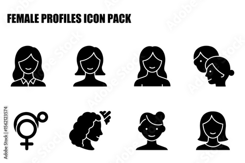 Female profile icons with various hairstyles and expressions. Diverse female figures in different poses against a plain background.