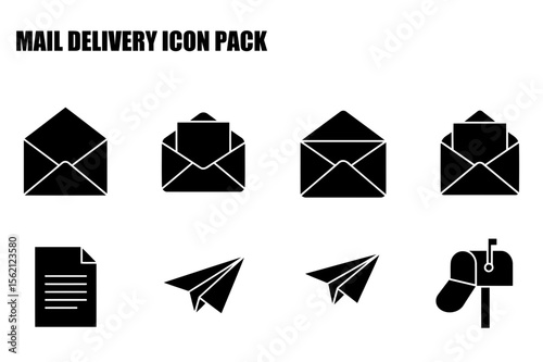 Mail delivery icon pack showing various mail-related objects. Simple, black and white icons of envelopes, paper planes, and mailboxes displayed against a white background.
