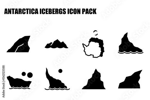 Antarctica iceberg icons in various shapes and sizes, showing diverse formations with a simple, clean, and graphic style.