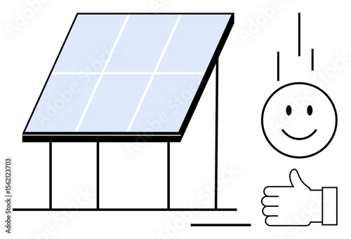 Solar panel with shining grid, smiling face symbolizing positivity, and thumbs-up for approval. Ideal for renewable energy, eco-living, innovation, sustainability, environment, clean power simple