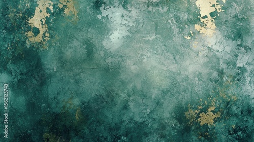 A textured, green and blue abstract painting with gold accents on a white background.