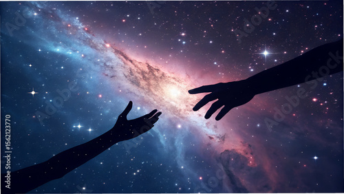 Two silhouetted hands reaching towards each other in a vibrant nebula and starry sky
