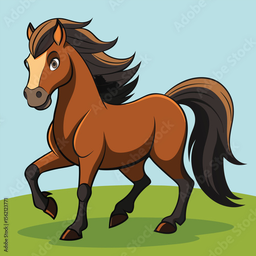 Cartoon Brown Horse Trotting on Green Grass with Light Blue Sky Background