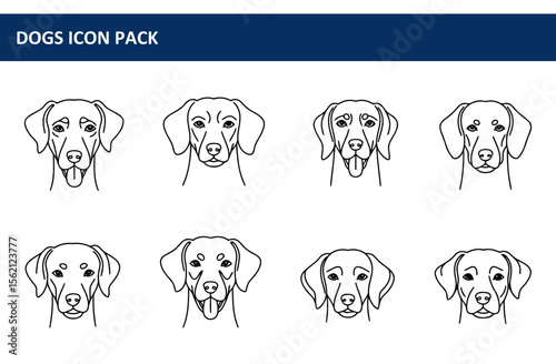 Line art dog head illustrations of various breeds, presented in a simple, graphic design style, suitable for a dogs icon pack. Front view, neutral expression, set on a plain white background.