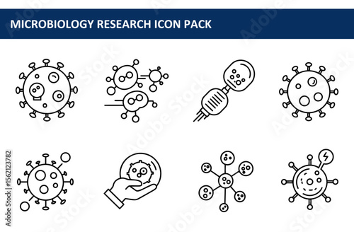 Microbiology research icons in a graphic design style. Linear illustrations of various microbiological structures with a white background.