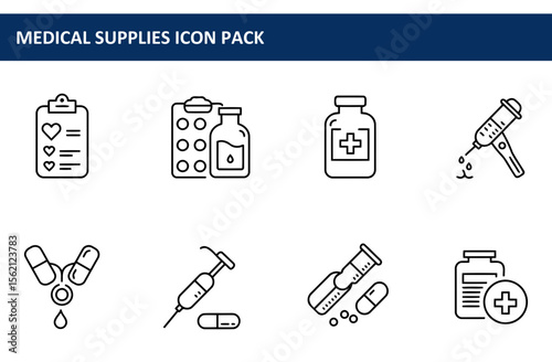 Medical supplies icons depicting various items used in healthcare.