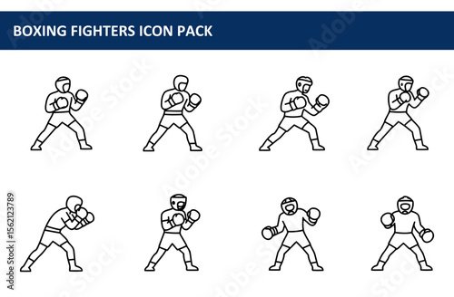 Boxing fighters in various stances in a white background. Male boxers in boxing gear, showcasing different fighting poses, a graphic design element.