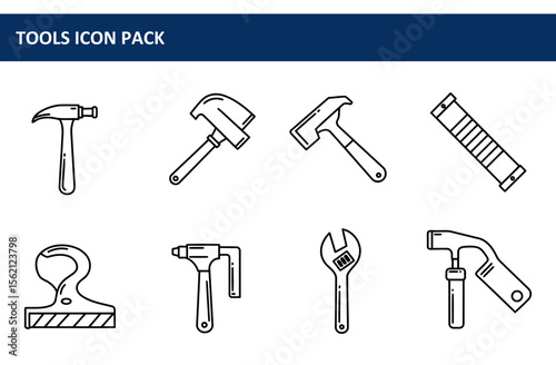 Line art illustrations of various tools in a construction setting. Simple, outlined tools with a focus on design elements in a professional design layout.