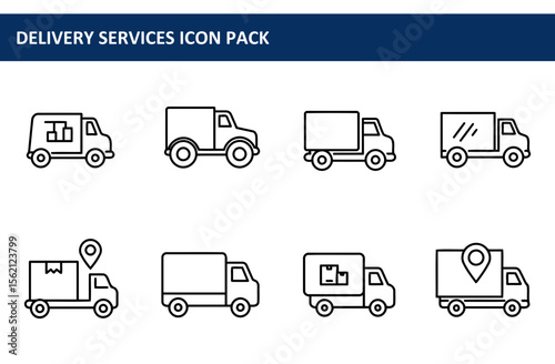 Delivery service icon set with various delivery truck designs. Simple line art illustrations of delivery vehicles with cargo and location markers.