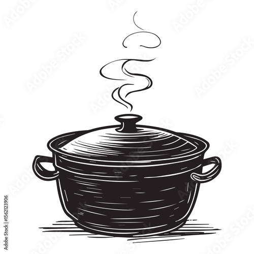 Vector art of a steaming black cooking pot with a lid and handles, isolated on white background