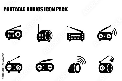 Portable radios in various styles displayed in a simple icon set.