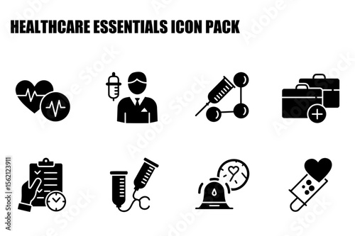 Healthcare essentials icons for medical professionals in a sterile white background. Collection of black and white healthcare icons, showing different tools and settings.