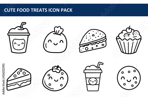 Cute food treats, various icons in a white background. Simple, outlined images of food items with cartoonish, happy expressions.