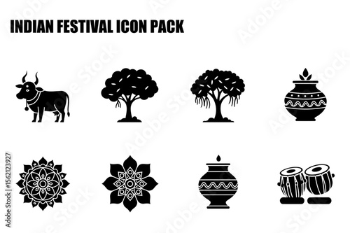 Indian festival icons in silhouette design. Symbolic representations of bull, tree, clay pot, and musical instruments against a plain background.