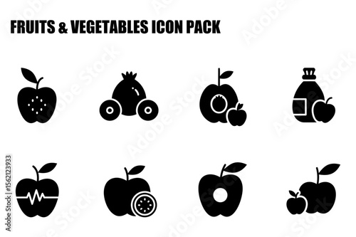 Black and white fruit and vegetable icons in various stages of preparation and packaging. Simple, stylized icons set against a white background.