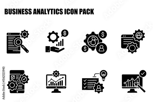 Business analytics icons in a diverse demographic setting. Simple, graphic representations of data analysis and management tools.