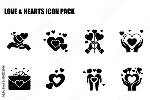 Love & hearts icon pack featuring diverse representations of affection and connection. Hands holding hearts and bouquets of hearts, plus couples and a gift envelope.