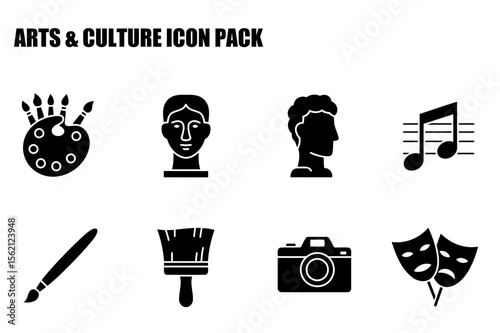 Arts & Culture Icon Pack with various subjects and themes in solid black silhouette. Collection of arts and culture related icons for creative projects, websites or print materials.